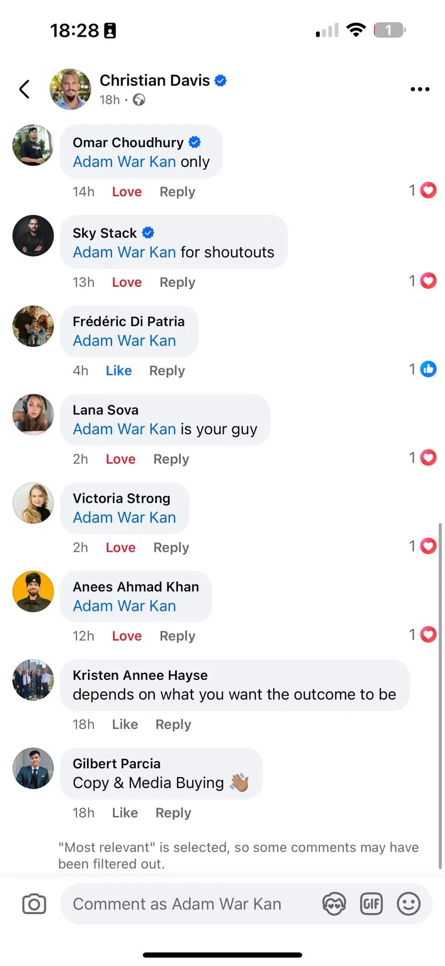 The comments: Adam War Kan only. Adam War Kan is your guy.