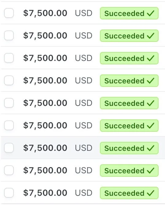 Nine $7,500.00 USD Stripe charges, all succeeded.