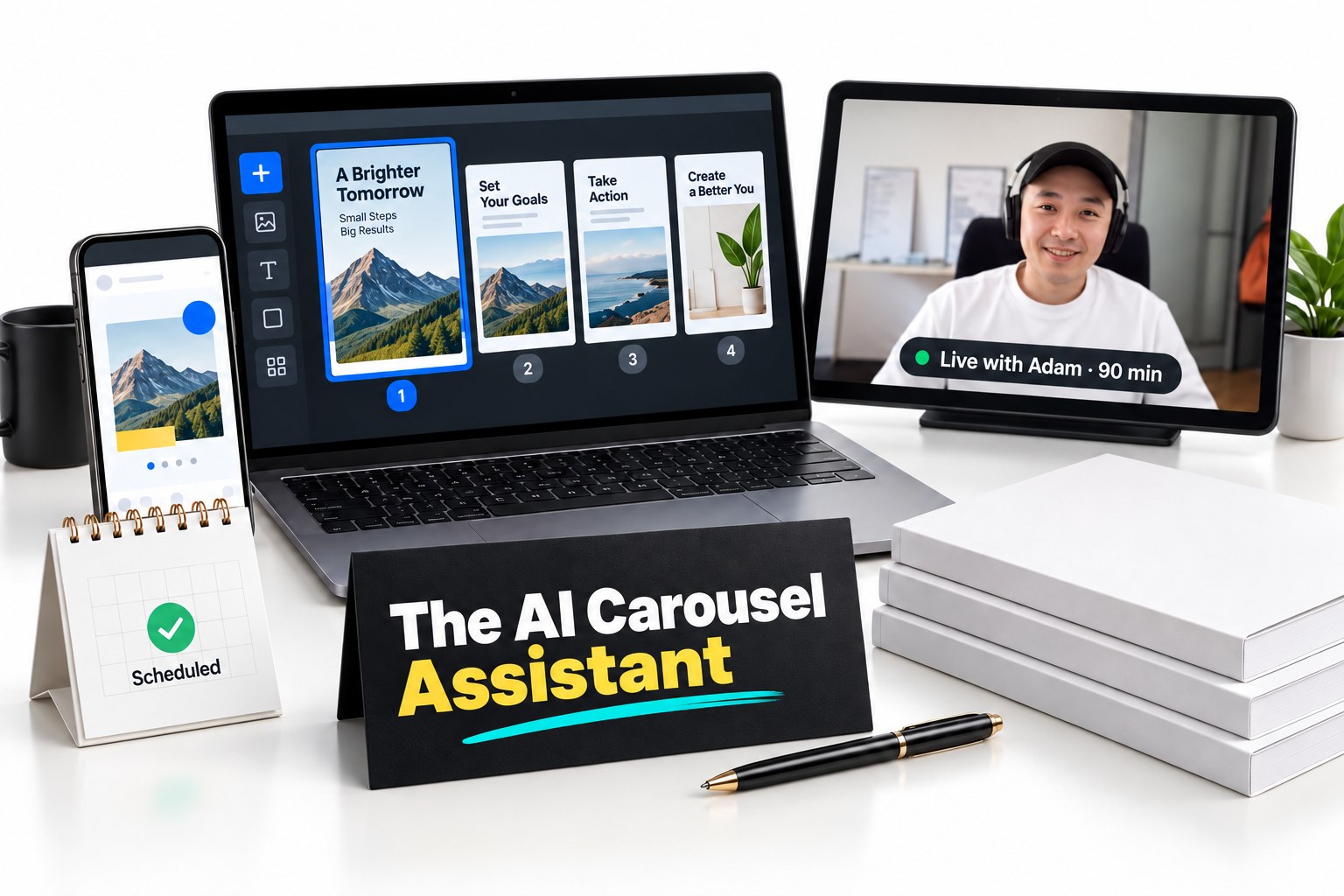The AI Carousel Assistant: the assistant's chat window, a finished carousel in your style, a calendar with your first post scheduled, and Live with Adam, 90 minutes